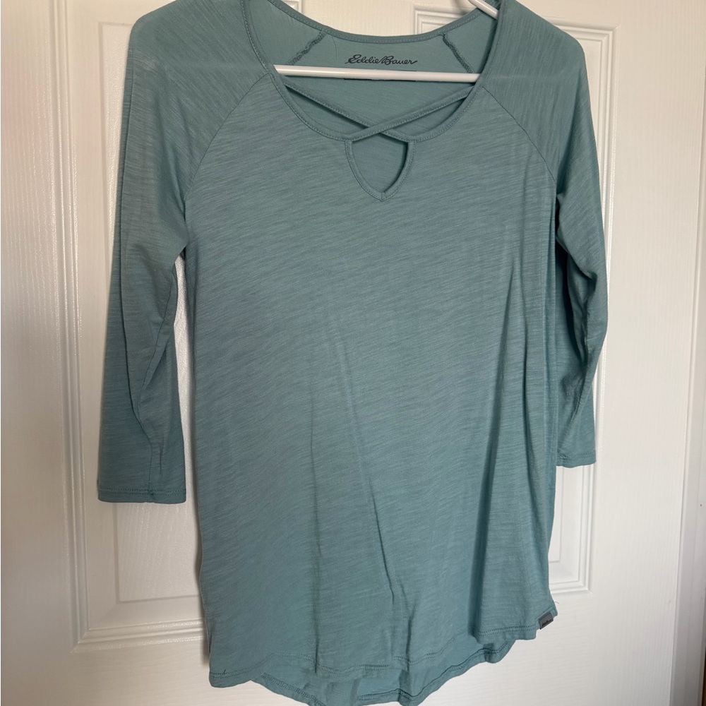 Eddie Bauer Blueish Green Cross-Front 3/4 Sleeve Women's Top